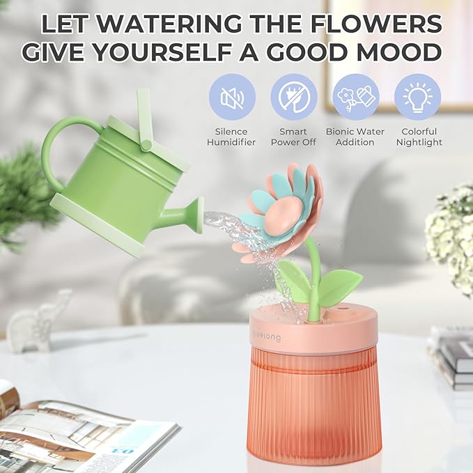 Sunflower Small Humidifier for Plant, Cool Mist Mini Humidifiers for Bedroom, Desk Personal Humidifiers with Diffuser for Indoor Office Car, Portable Humidifier for Travel - Pink 260ml