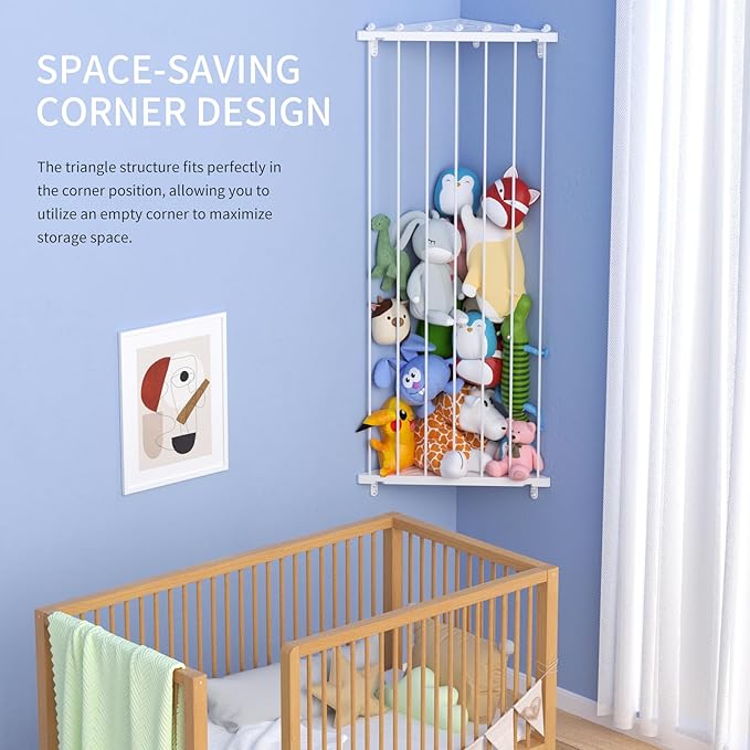 Corner Stuffed Animal Storage for Kids Room - Length Adjustable Wall Stuffed Animal Organizer - Plush Toy Holder Shelf for Nursery Playroom Bedroom (White)