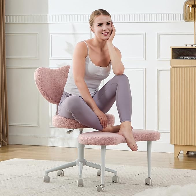 Cross Legged Office Chair, 360° Swivel Yoga Meditation Chair, Ergonomic Height Adjustable ADHD Criss Cross Office Chair with Wheels, Lumbar Support for Home Office, Pink