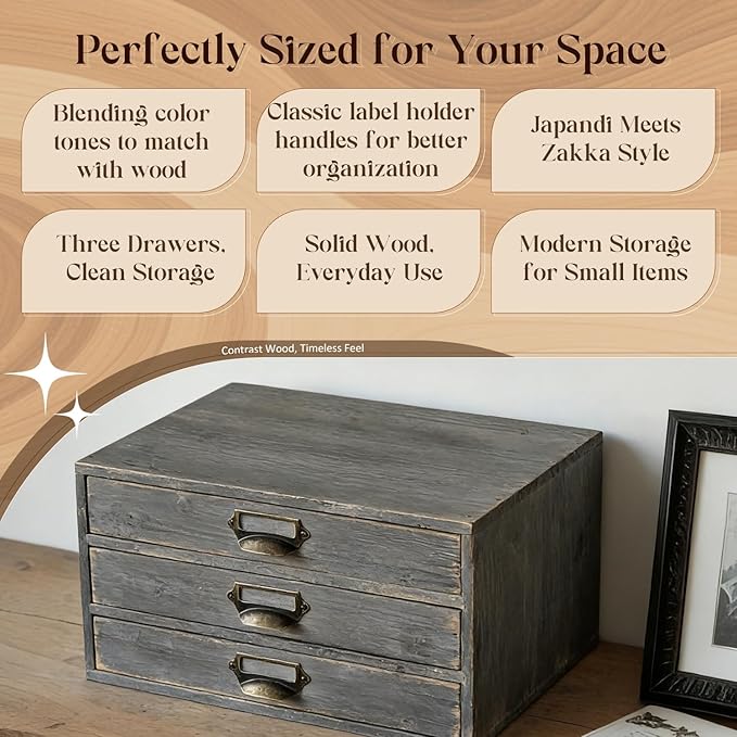 Stackable Modular Desktop Drawer Organizer, Solid Wood Grey 3-Drawer Storage Unit with Label Pull Handles, Stone Gray Japandi Style, Expandable by Adding More Units for Clutter-Free Spaces