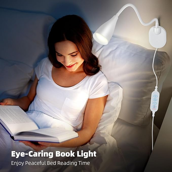 LED Wall Mounted Bedside Reading Light, 3 Color Modes,10 Brightness Dimmable, USB Charging Port, Adhesive Wall Lamp Night Light for Books in Bed, 360° Flexible Eye-Caring Bedroom Lighting White