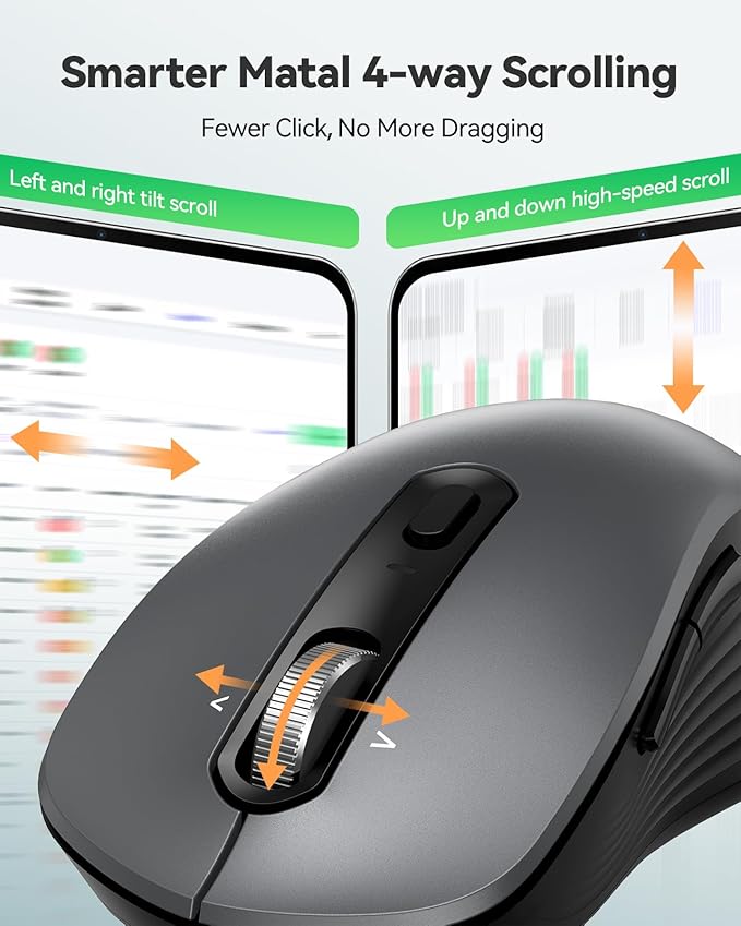 TECKNET Rechargeable Bluetooth Mouse, [ USB + BT5.0 + BT3.0 ] Wireless Mouse, Ergonomic 4-Way Scroll Wheel Computer Mice, 6-Level 4800 DPI Silent Mice, Multi-Device for Computer/Laptop/MacBook (Iron)