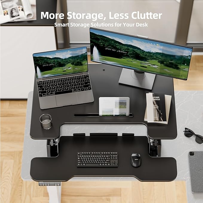 Claiks Standing Desk Converter 32 inch, Height Adjustable Sit Stand Up Desk Riser, Quick Sit to Stand Tabletop Dual Monitor Riser Workstation for Home Office with Keyboard Tray, Black