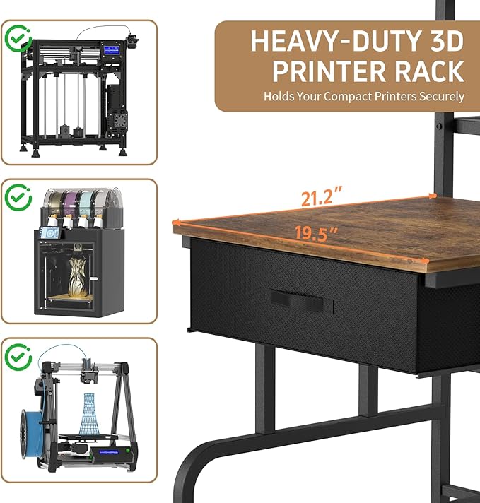 3D Printer Stand with Filament Storage,3D Printer Rack with Storage Drawer，Heavy-Duty 3D Printers Table with Power Outlet，for ABS/PLA/TPU Spools, Home Office Studio Rustic Brown