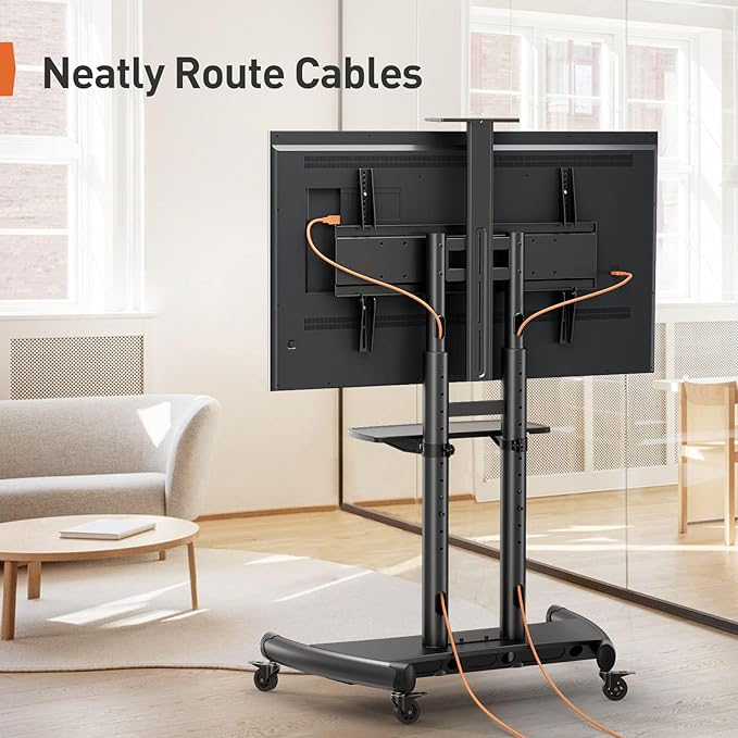 Perlegear Rolling TV Stand, Mobile TV Cart on Wheels for 55-90 Inch TVs up to 200 lbs, Adjustable TV Stand with AV & Camera Shelf, Outdoor TV Cart Max VESA 800x500mm, PGTVMC07