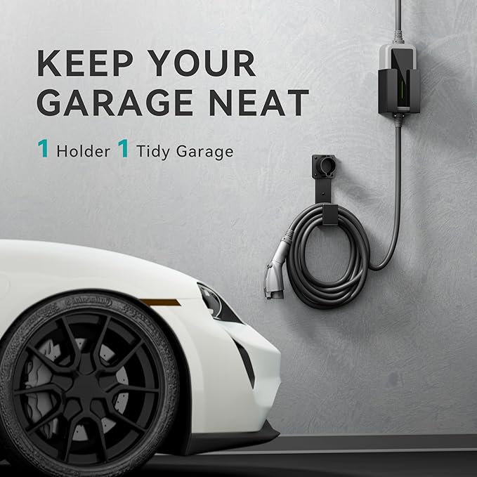 EV Charger Holder Wall Mount – J1772 Cable Organizer & Nozzle Holster with Storage Box for Electric Vehicle Charging