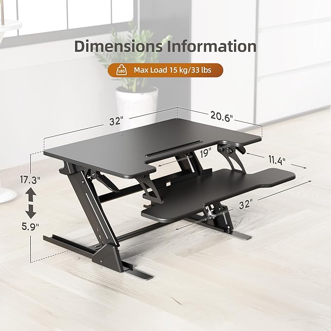 Claiks Standing Desk Converter 32 inch, Height Adjustable Sit Stand Up Desk Riser, Quick Sit to Stand Tabletop Dual Monitor Riser Workstation for Home Office with Keyboard Tray, Black