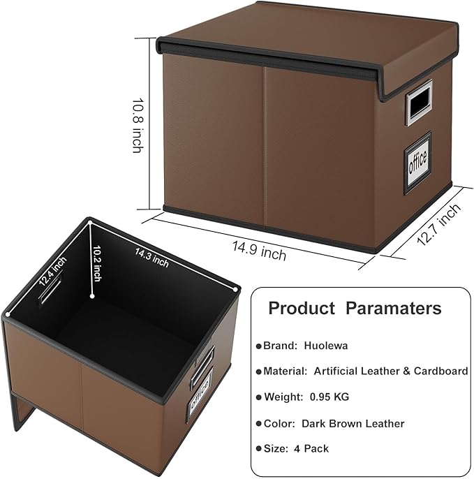 File Organizer Box with Lid, Collapsible Leather File Folder Organizer for Office Document Storage, Filing Box with Plastic Slide for Letter/Legal Size Hanging Files, Dark Brown, 4 pack