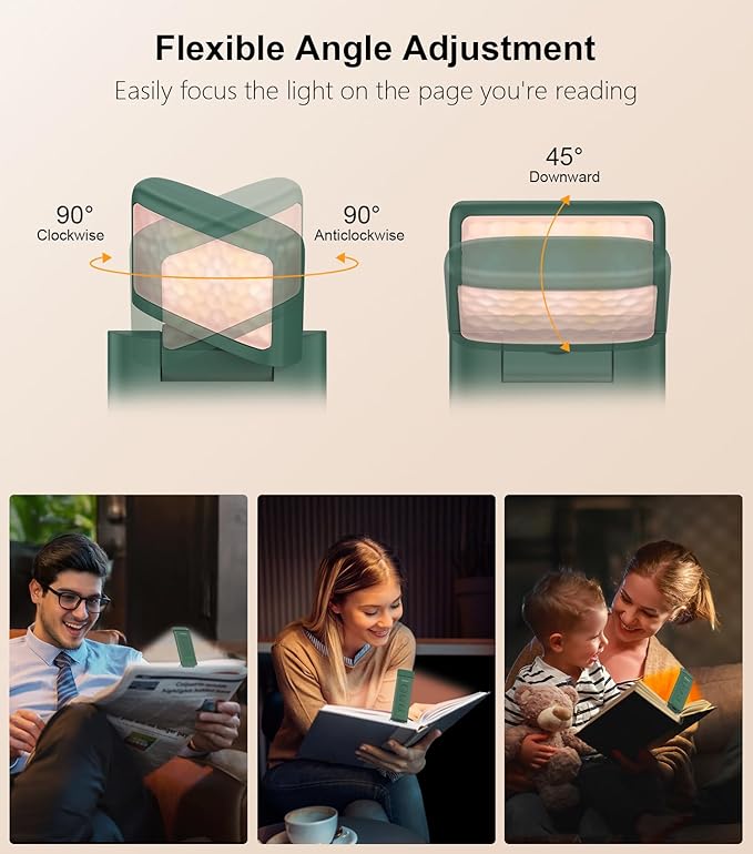 Gritin Book Light Rechargeable, Eye Caring 3-Color & 5-Brightness Clip on LED Reading Light for Books in Bed- Stepless Dimming, Long Lasting, Compact Size Flexible Book Lamp for Bookworms-Dark Green