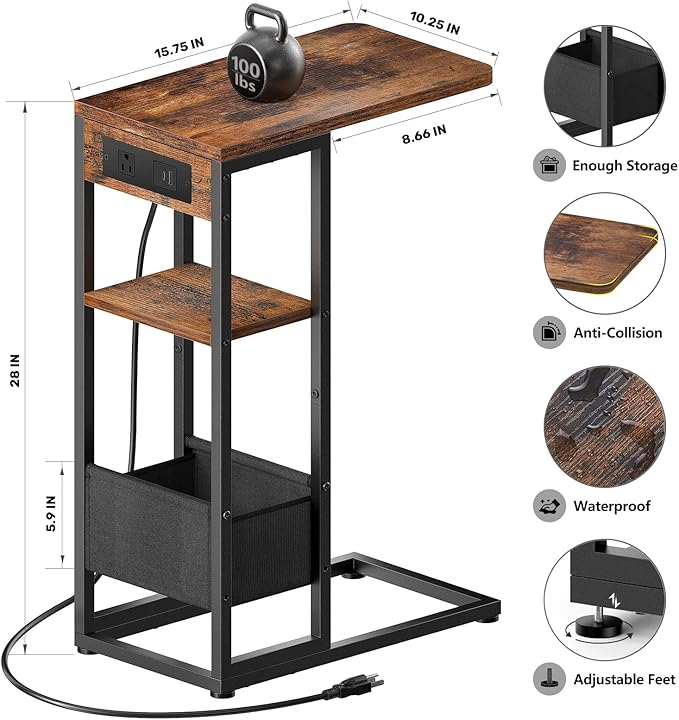 C Shaped End Table with Charging Station,3-Layer Sofa C Table Side Table, Slide Under Sofa Desk Snack Tables with Storage Bag w/AC U-S-B Port & Socket,Small Spaces Drink Tables for Living Room