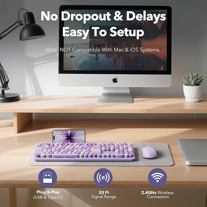 Wireless Keyboard and Mouse Combo with Phone/Tablet Holder, Full-Size Typewriter Keyboard, Retro Round Keycaps, 3-Level DPI Mouse, 2.4GHz Cordless Connection for Windows/PC/Laptop (Lavender & Cream)