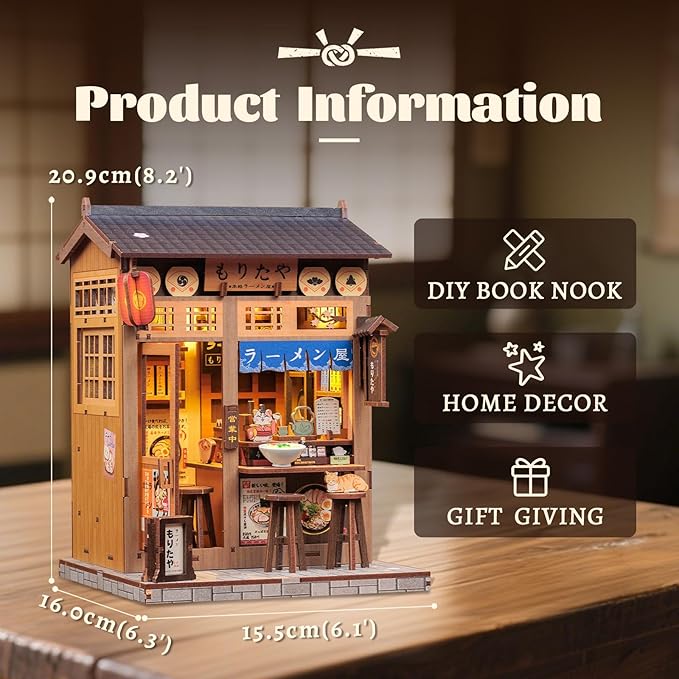 Fsolis Japanese Book Nook Kit - DIY Miniature Mini House Japan 3D Wooden Puzzles for Adults Booknook Noodle Shop Bookshelf Diorama, Gifts for Women Book Lovers (Morita-Ya Ramen)
