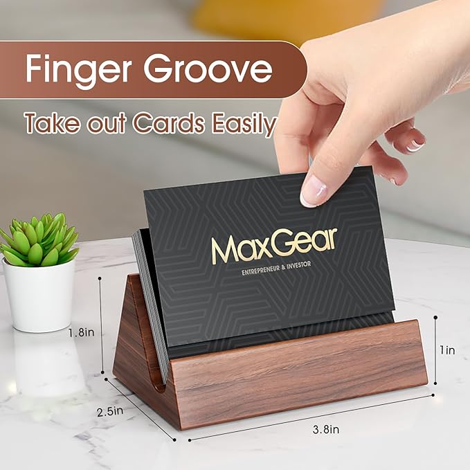 MaxGear Walnut Wood Business Card Holder, Wooden Desk Organizer for Storing & Displaying Business Cards, Elegant Mountain Design with Non-Slip Base for Office
