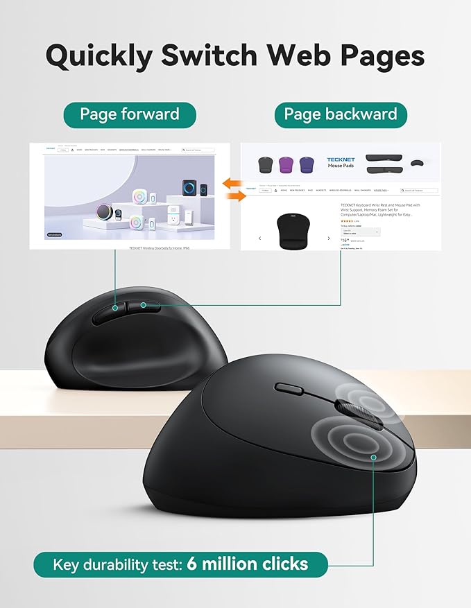 TECKNET Ergonomic Mouse, 4800 DPI Wireless Vertical Mouse, 5 Adjustable DPI Levels, 6 Buttons, 2.4G Silent Wireless Mouse for Laptop, PC, Chromebook, Mac - Dark Grey