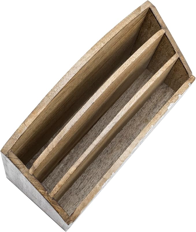 MyGift 3 Tier Rustic Solid Mango Wood Desk Mail Holder and Stationery Sorter with Hand Carved Leaf Pattern, Decorative Office Desktop Document Storage Organizer - Handcrafted in India