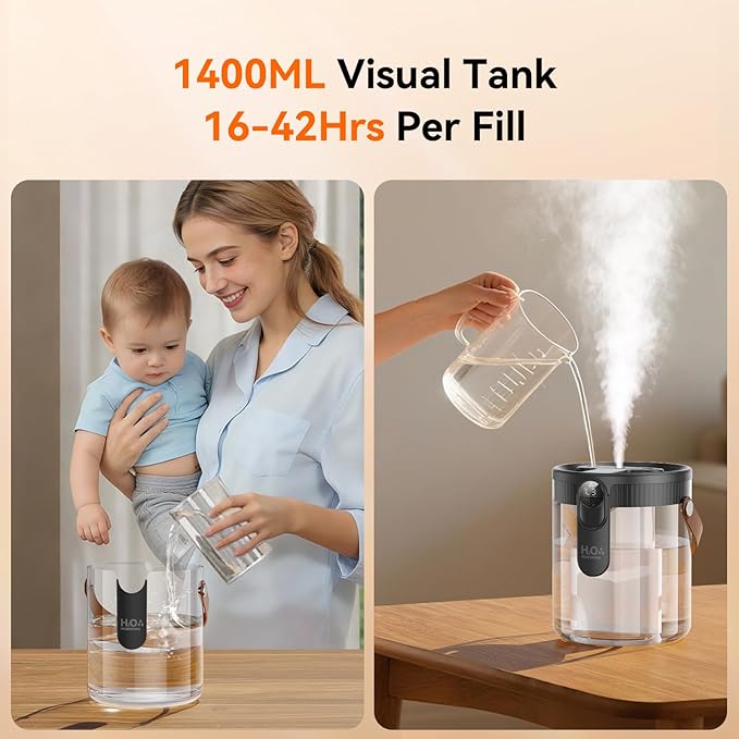 DIGIX Small Portable Humidifiers for Bedroom, 1.4L Top Fill Cool Mist Humidifier for Home Office Travel, 3 Mist Modes, Auto Shut Off, Night Light, Easy to Clean Quiet Humidifier for Baby Plant (Grey)