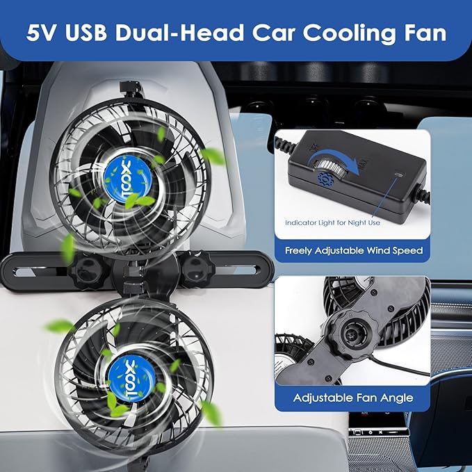 XOOL USB Dual Head Backseat Car Fan – 360° Rotatable Rear Seat Air Circulator with Stepless Speed & Adjustable Clip for Kids in SUV, Truck, RV