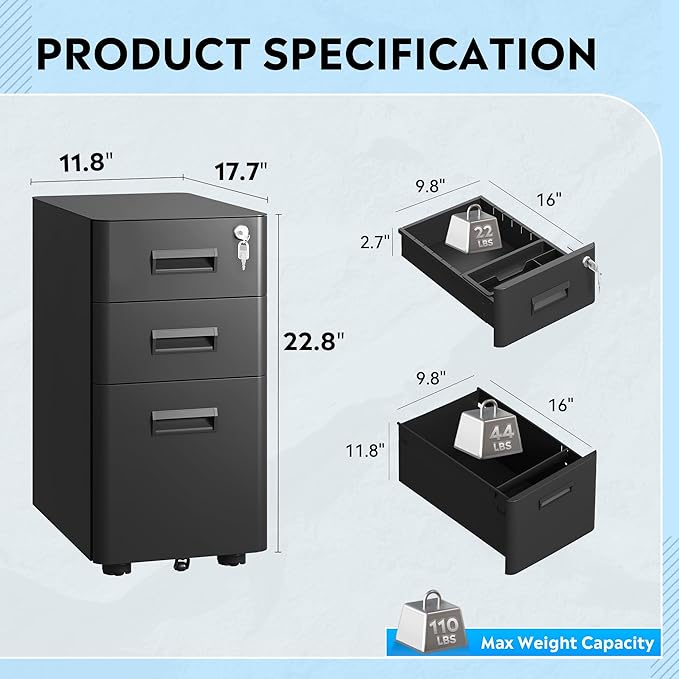DEVAISE 3 Drawer File Cabinet with Lock, Under Desk Metal Filing Cabinet with Wheels for Home Office Organizer Letter/Legal/A4, Fully Assembled Except Casters, Black