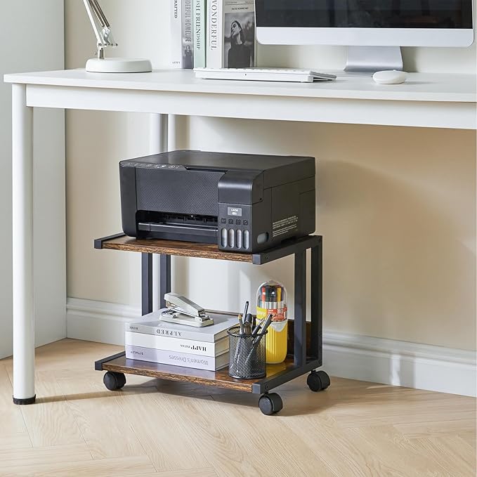IBUYKE Under Desk Printer Stand,2 Tier Printer Cart,Mobile Home Desktop Organizer Shelf with 4 Wheels,for Fax, Home Office Use，Rustic Brown UTLJ007H