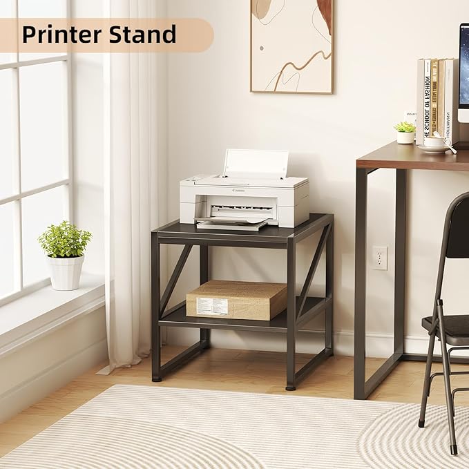 Mexin 20 Inch Square End Table, Mini Fridge Stand with 2-Tier Storage Shelf, High Load Capacity Printer Table for Living Room Bedroom, Black