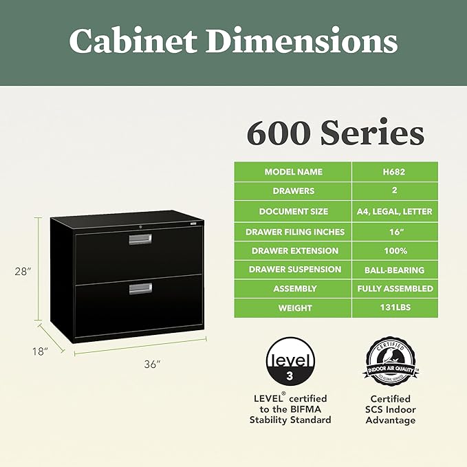 HON 2 Drawer Lateral File Cabinet with Lock, Metal Filing Cabinets for Offices, Hanging Files, and Under Desk, 18" Deep, Black