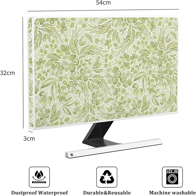 Sage Green Wildflower Waterproof Computer Monitor Covers 22, 23, 24, 25 Inch Vintage Aesthetic Floral Anti-Static Dustproof Protective Cover for LCD/LED/HD Full Body Cover for Computer Screen
