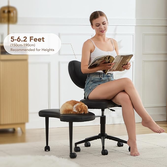 Cross Legged Office Chair, 360° Swivel Yoga Meditation Chair, Ergonomic Height Adjustable ADHD Criss Cross Office Chair with Wheels, Lumbar Support for Home Office, Black