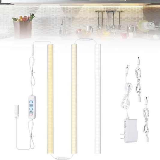 JUSJUBR Under Cabinet Lighting Plug in, 3 Pcs 12 Inch 3 Color Temperature Under Counter Lights for Kitchen, Dimmable Led Under Cabinet Lights with Memory Function for Closet, Desk