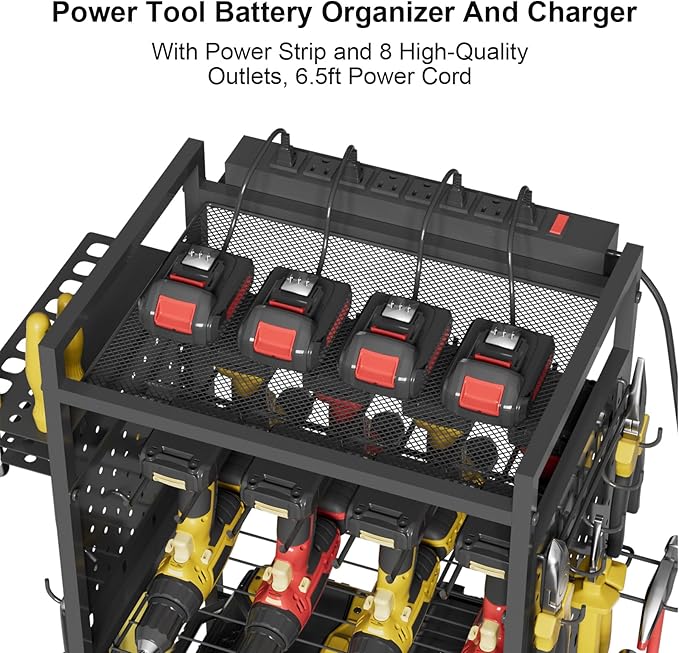 Power Tool Organizer Cart with Charging Station, Heavy Duty Garage Tool Organizer Rolling Tool Battery Storage with 8-Outlet Power Strip, 4 Wheels, 2 Hanging Baskets, 8 Hooks, Drill Bit Holder, Black
