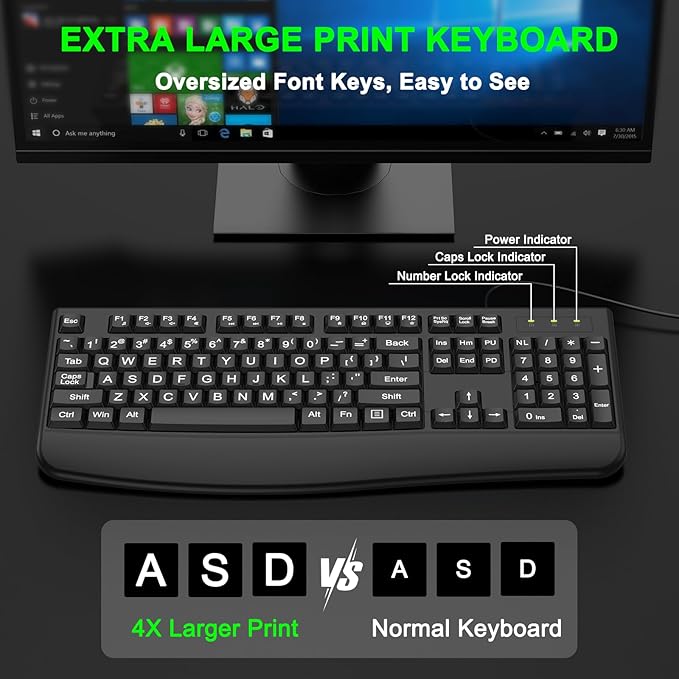 QUASIO Large Print Keyboard, 2.4G Full-Sized Ergonomic WiredComputer Keyboard with Wrist Rest for Windows, Mac OS Laptop/PC/Desktop/Notebook(Large Print Black)