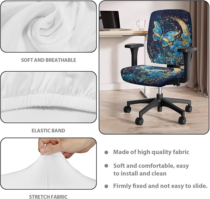 Butterfly Flower Office Chair Covers Stretchable Office Chair Seat Cover Removable Dorm Computer Rotating Chair Slipcover Desk Accessories Split Rotating Swivel Chair Padded Protector