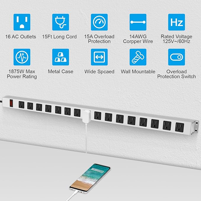 JUNNUJ Metal 16 Outlet Power Strip, Mountable Heavy Duty Power Strip, 1200J Surge Protector Wall Mount Screws Outlet with Switch, Gaming Desk Strips Wide Spaced 15A 125V 1875W, 15 FT 14AWG Power Cord