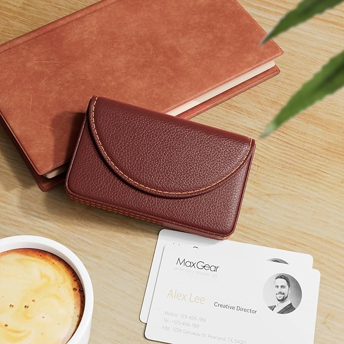 MaxGear Business Card Holder Case, PU Leather Business Card Case for Purse, Pocket Travel Name Card Holder Wallet for Men or Women Gift, Portable Magnetic Business Card Carrier, Slim & Stylish, Coffee