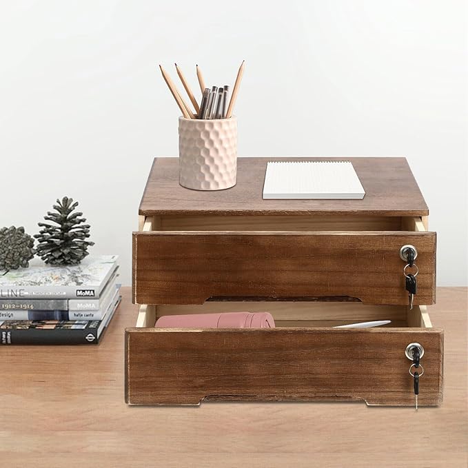 Wooden Desk Organizer with Drawers & Lock, Desktop Countertop Storage Cabinet Lockable Home Office Supplies File Tabletop Organizing Unit (2 Drawer - Retro Walnut)