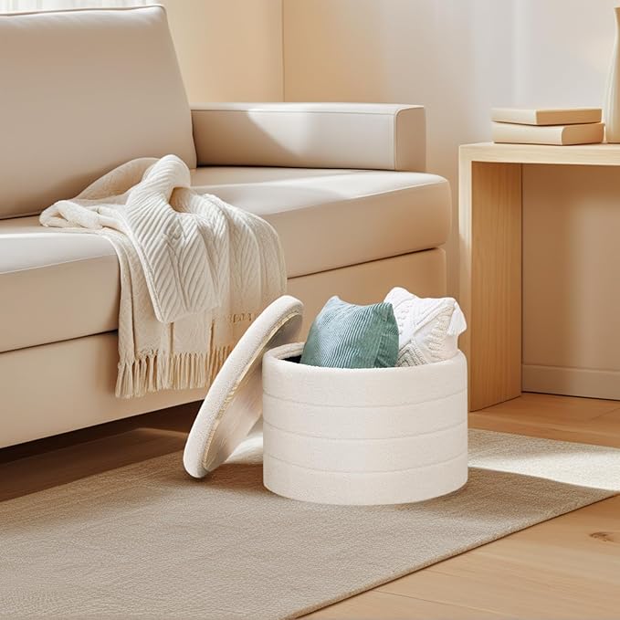 22 Inch Round Boucle Ottoman with Storage, Sherpa Teddy Fabric Ottoman Footstool, Folding Storage Foot Rest for Bedroom, Living Room Dorm, White