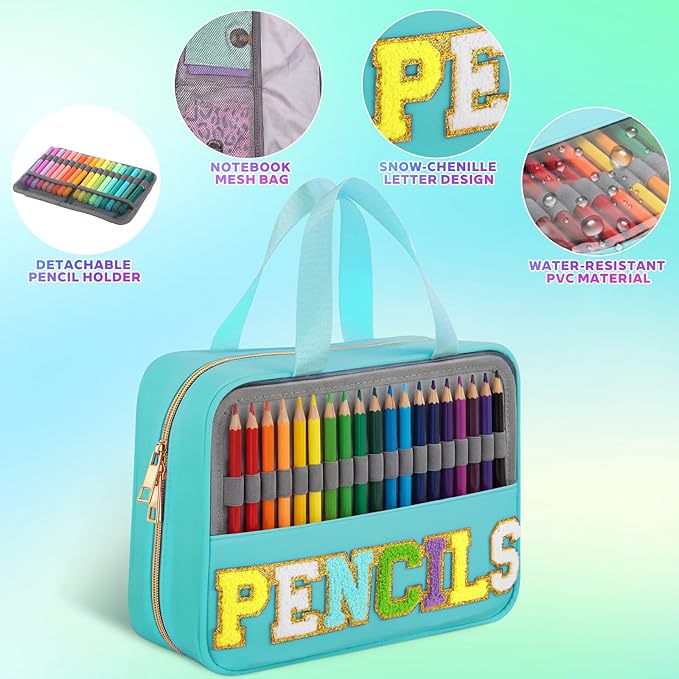 Hillban 108 Slots Large Colored Pencil Case with Chenille Letter Patch Extra Large Capacity Interlayer Pencil Holder Organizer with Handle Zipper Portable Storage Bag Graduation Gift for Artist(Green)