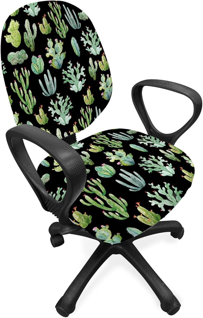 Ambesonne Cactus Spring Flower Office Chair Slipcover, Composition of Various Succulent Types Blossoming Botany, Protective Stretch Decorative Fabric Cover, Standard Size, Charcoal Grey
