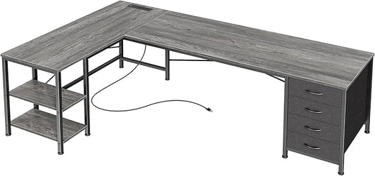 Huuger 63 Inch L Shaped Desk with Fabric Drawers, Reversible Computer Gaming Desk with Power Outlets and USB-C Port, Adjustable Side Storage Shelves, for Work Study Corner Home Office, Grey