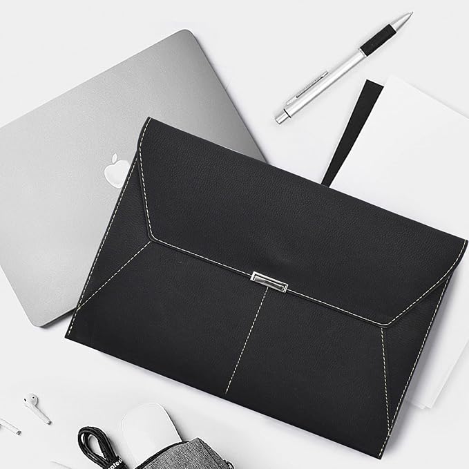 VANRA File Folder Document Holder Organizer Waterproof Portfolio Leather Folder Case with 3 Pockets, Filing Envelopes for A4 Letter Size Paper with Snap Magnetic Button Closure (Black)