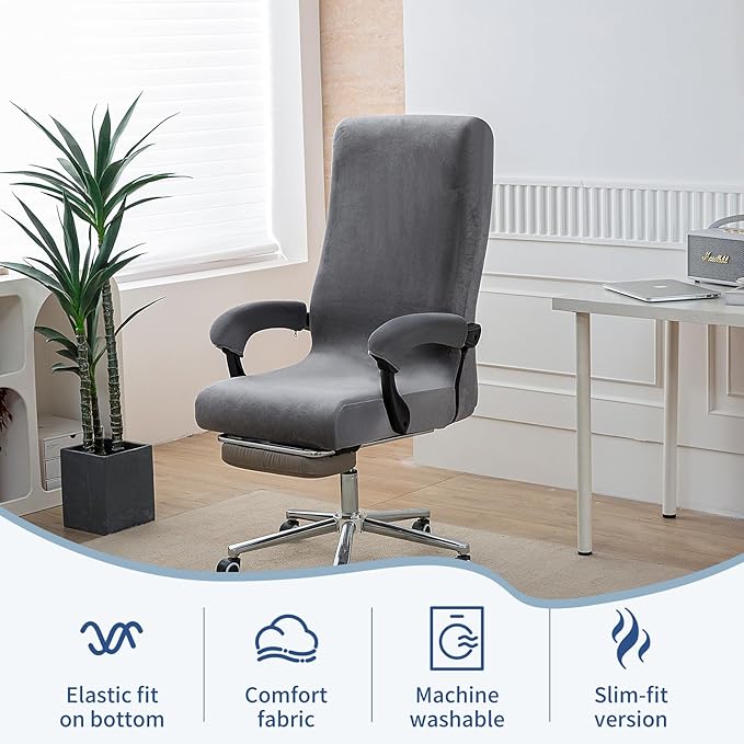 Office Chair Cover with Armrest Covers, High Resilience Velvet Fabric, Universal Fit 22-25 inch Back (Grey)