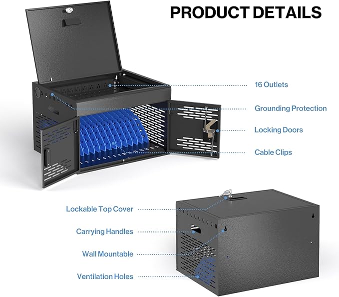 POCHAR 16-Unit Charging Cabinet for Laptops & Tablets - Locking Laptop Storage Box with Cable Management, Charger Storage, and Ground Protection for Classroom, Library, and Office (Black)