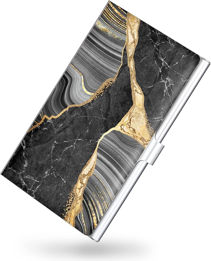 Business Card Holder，Color Printing Men's and Women's Business Card Case，Ultra-Thin Metal Business Card Organizer，Carry-on Pocket Wallet Business Card Holder,Black Veined Marble