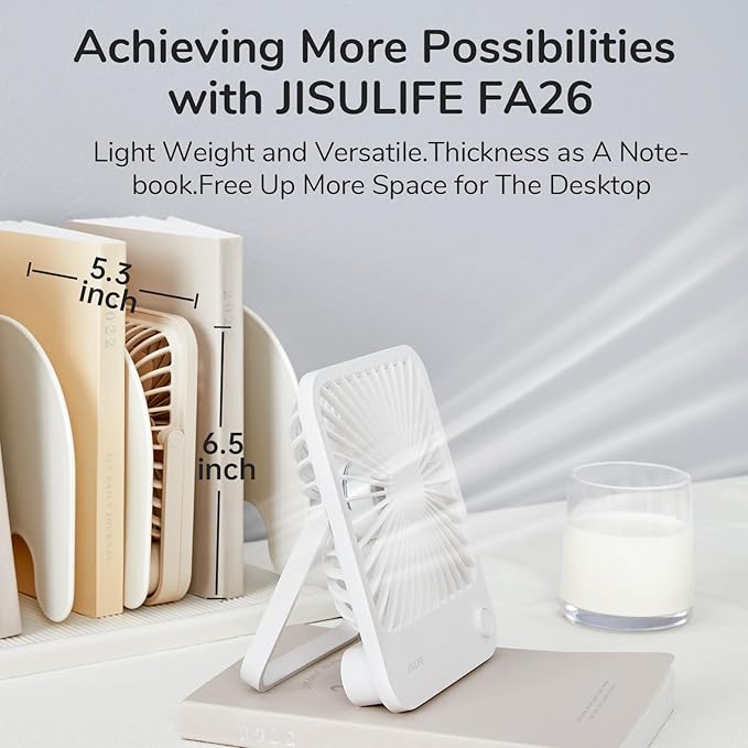 JISULIFE Desk Fan Battery Rechargeable, 4500mAh 180°Foldable Portable Personal Fan, 4 Speeds Adjustable Long Battery-life for Home Office Travel Outdoor Gifts for Women Men-White (Pack of 2)