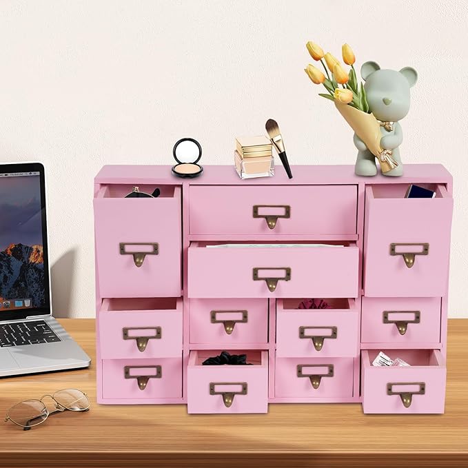 Vintage Desktop Apothecary Cabinet with 12 Drawers,Wood Desktop Organizers Stackable Drawers Desktop Chest Drawer for Herb Storage,Tea Collection,Stationery (12 Drawers,Pink)