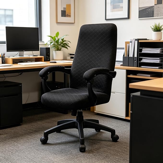 Stretch Jacquard Office Chair Cover with Armrest Covers, Removable Washable Desk Chair Cover, Anti-dust Seat Cushion Protectors - Large, Black