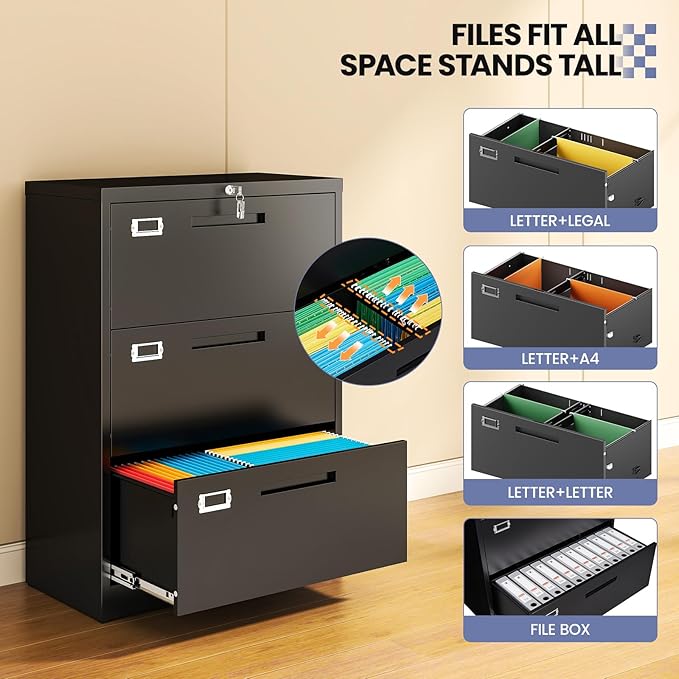 Metal Lateral 3 Drawer File Cabinet, Wide Filing Cabinet with Lock for Home Office Organization Hanging Files Letter/Legal/F4/A4 Size (Black, Assembly Required)