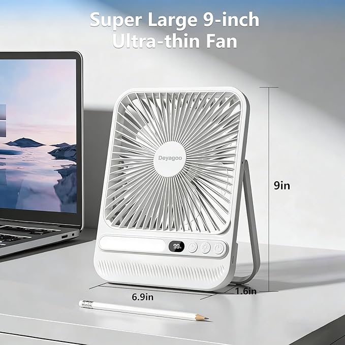 Deyagoo Travel Fan,7-Inch Camping Fan, Rechargeable Fan, 28H 10000mAh Ultra-Thin Quiet USB Desk Fan with Timer & LED Display for Bedroom, Office, Camping
