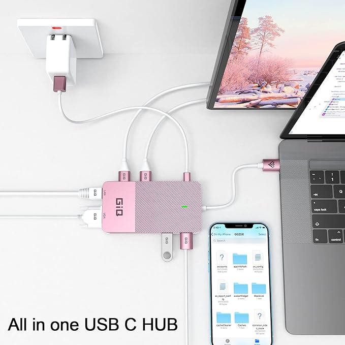 USB Docking Station GIQ USB C hub USB 3.0 to Dual HDMI VGA Adapter Triple Display USB C Laptop Docking Station Dual Display Compatible for MacBook M1 USB Dock-Rose Gold