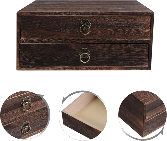 Cabilock Wooden Desktop Drawer Organizer Retro Storage Box with Pull Ring Vintage Style for Office and Home Desk Accessories 10.03X9.64X4.33 Inches