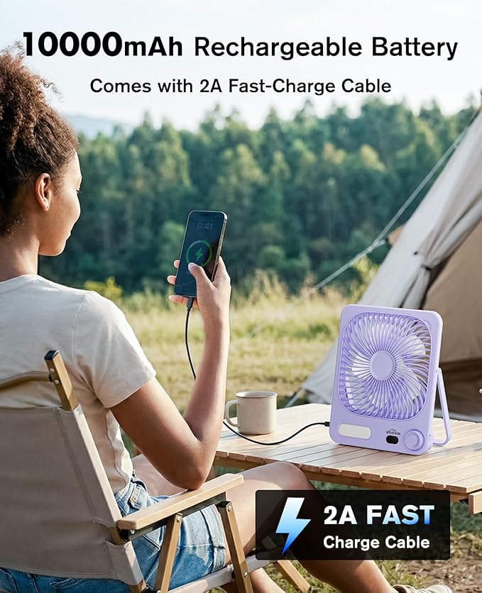 WHATOOK Small Desk Fan Rechargeable - 10000mAh Battery Operated Portable Fan with 100 Speeds & Night Light, Ultra Quiet Personal Desktop Fan for Bedroom, Office, Camping & RV Tent (Purple)